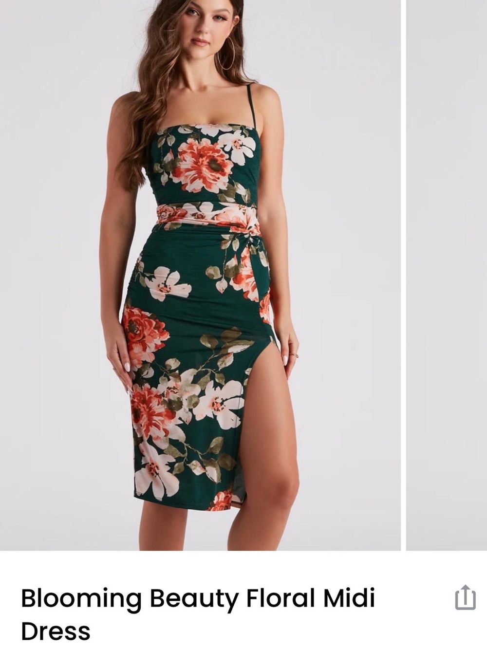 Windsor Dark Green Floral Midi Dress with Side Slit